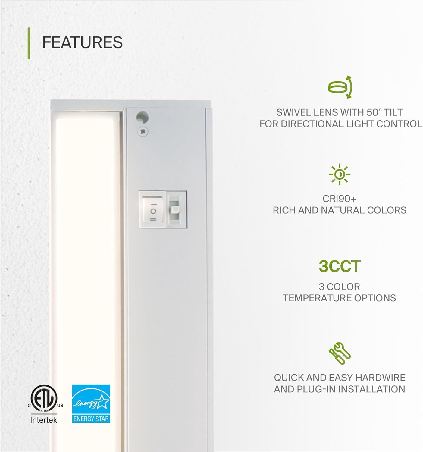 Swivel LED Under Cabinet Lighting Plug in or Hardwired 24 Inch, Dimmable Under Cabinet Lights with High/Low/Off Switch, 3CCT 2700K-4000K, Linkable Under Counter Lights for Kitchen, White, ETL