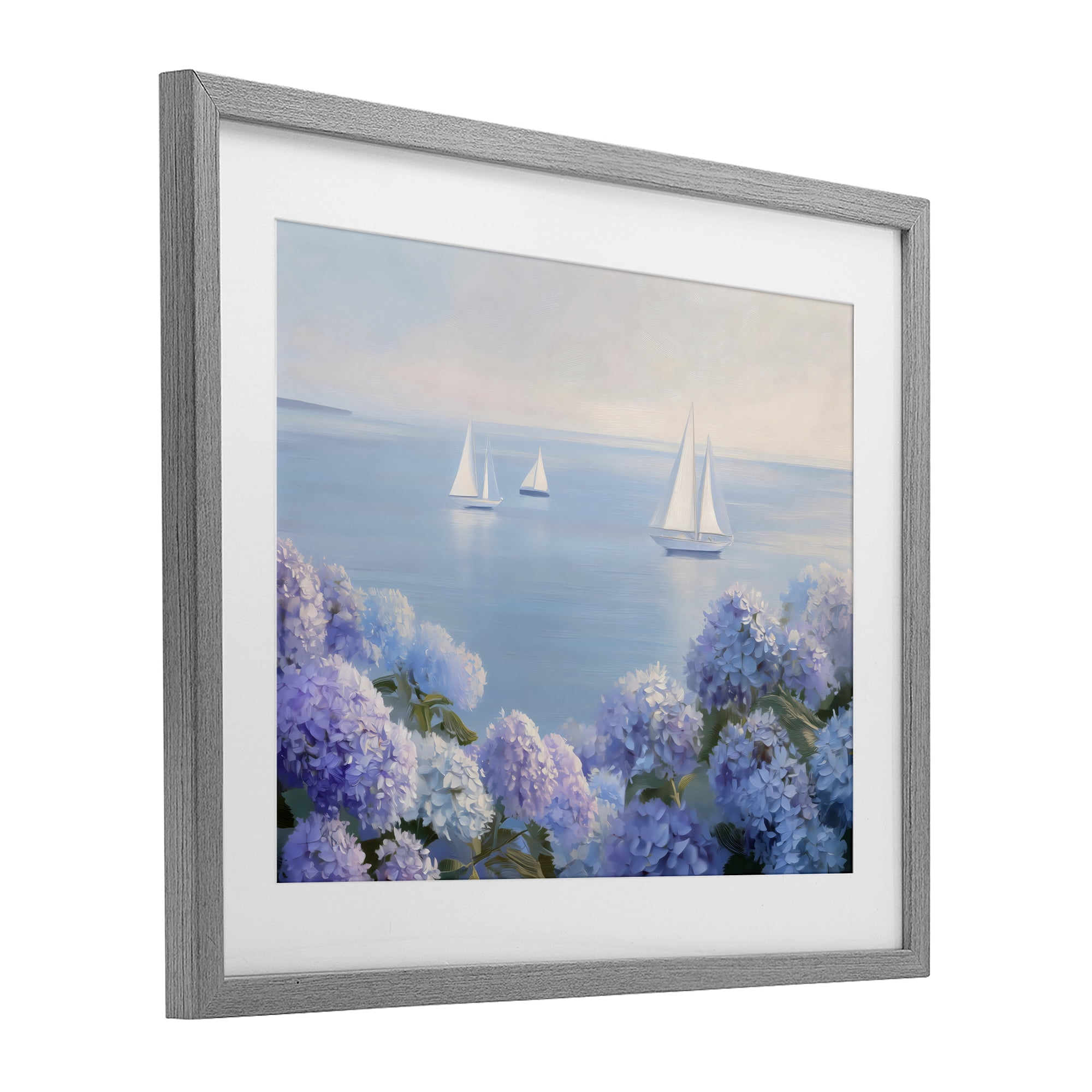 Stupell Industries Sailboats & Hydrangeas at Sea Gray Framed Print Under Glass, design by LSR Design Studio
