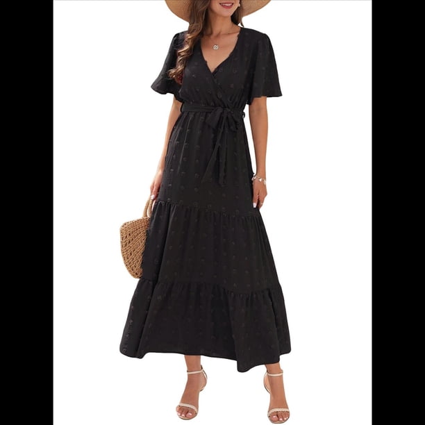 Vestido Bohemio de Lunares para Mujer, de Verano, con Cuello en V, Corta, y Fluido, para Invitada A una Boda en la Iglesia Negro XXL