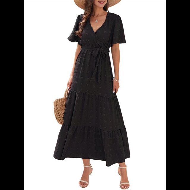Vestido Bohemio de Lunares para Mujer, de Verano, con Cuello en V, Corta, y Fluido, para Invitada A una Boda en la Iglesia Negro L