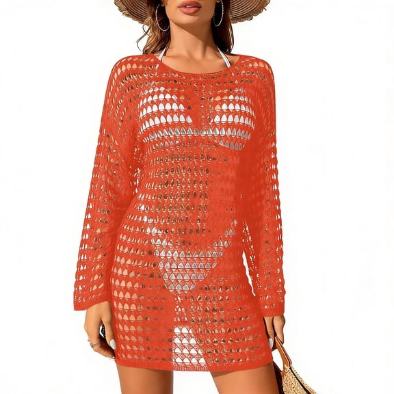 ZToonmas Women's Round Neck Long Sleeve Crochet Hollow out Beach Cover-up Dress Sheer Swim Tunic Casual Bikini Cover for Vacation