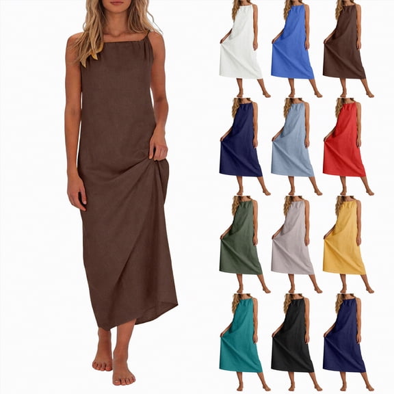 vigerkar Women's Linen Sleevelesss Black Tie Maxi Dresses Summer Casual Beach Clothes (Blue, XL)