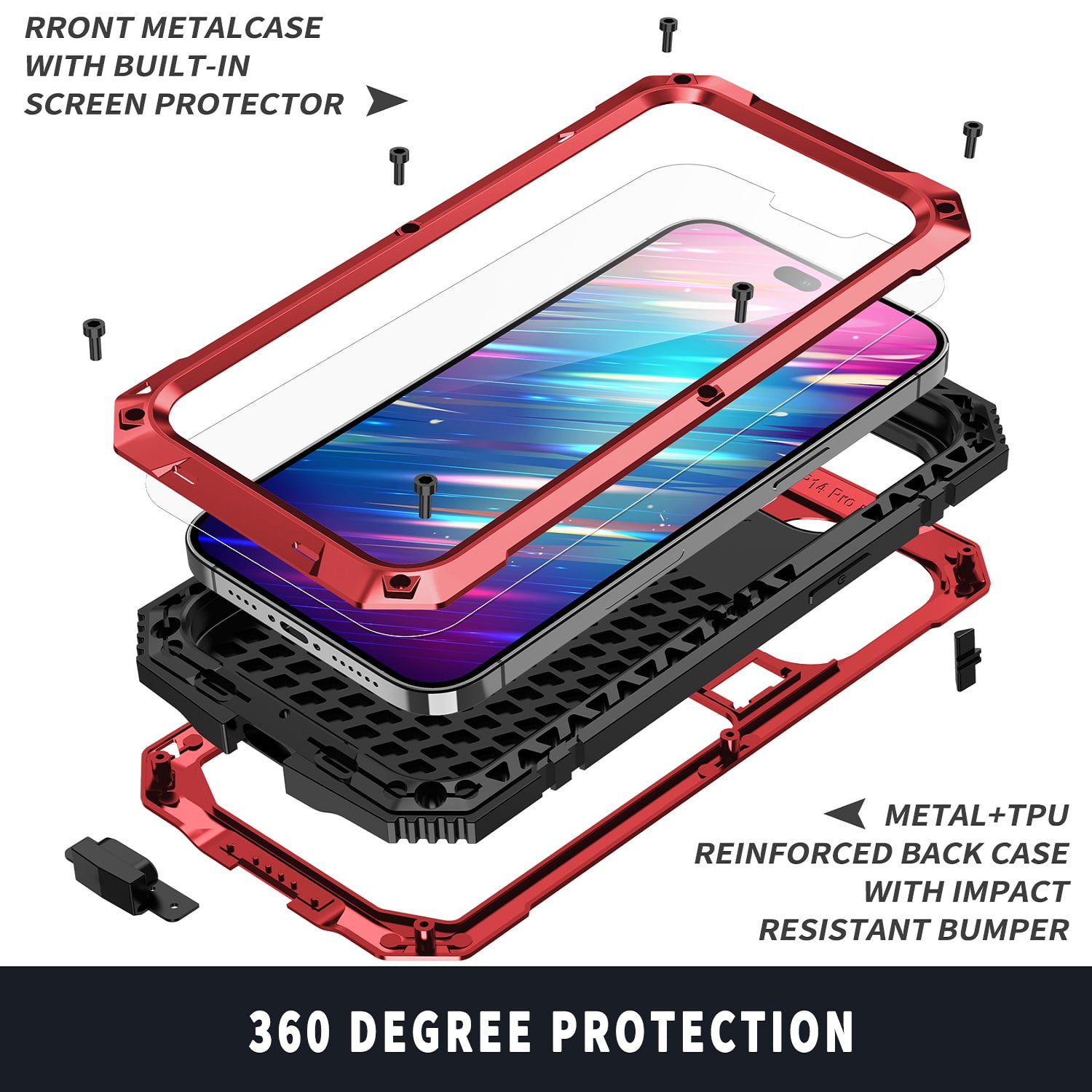 iPhone 14 Pro Max Rugged Full-Body Case, Metal Bumper Built-in Screen Protector&Kickstand,Dustproof and Drop-Proof,Full Body Protection Heavy Duty Rugged Military Cover For iPhone 14 Pro Max, Red
