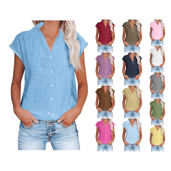 Crunowin Women's Linen Button Up Shirts, Rolled Cuffed Short Sleeve Blouse Ladies Summer Casual V Neck Beach Cotton Tops Sky Blue M