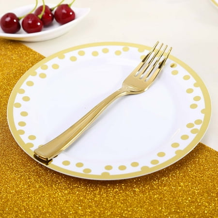 Polka Dot Melamine Plates BalsaCircle 12 pcs 8-Inch wide White Plastic Dinner Plates with Gold Polka Dots Trim - Disposable Wedding Party Catering Tableware ()