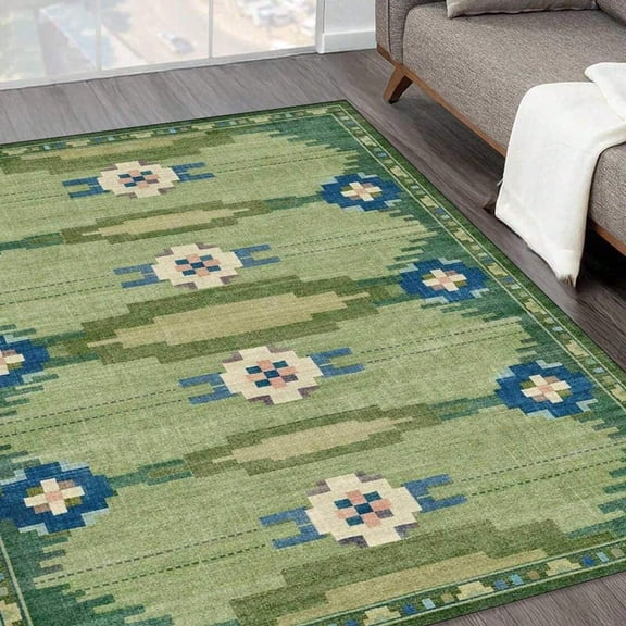 [Room Decor Rug]Carpet 70s Inspired GREEN Vintage Washable Rug With Anatolian Kilim M