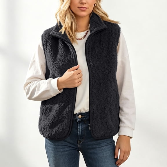 ClodeEU Women's Stand Collar Zip Up Fleece Vest,Sleeveless Sherpa Gilet Casual Warm Waistcoat With Pockets ,Women's Plus L