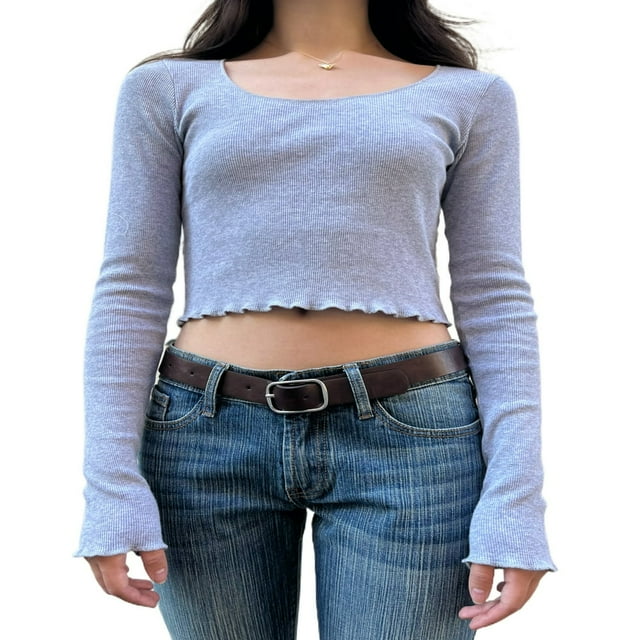 Women Y2k Crop Tops Fairy Grunge Neck Long Sleeve Ribbed T-Shirt 90s Clothes