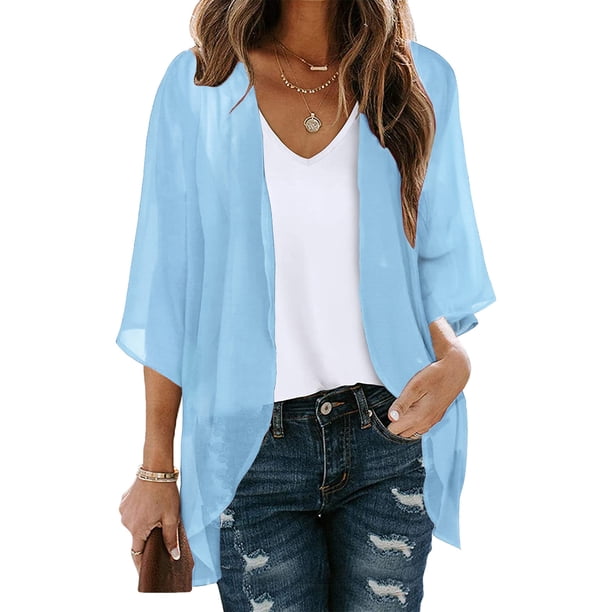 Puntoco Cárdigan tipo kimono con mangas abullonadas para mujer, blusa informal de gasa suelta Puntoco Puntoco-1