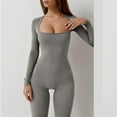 thumbnail image 4 of Square Neck Long Sleeve Slim Fit Jumpsuits for Women Flare Leg Skinny Tights Bodycon Romper Yoga Fitness Full Length Gray,2XL, 4 of 7