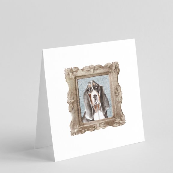 Basset Hound Tricolor Front View 3 Square Greeting Cards and Envelopes Pack of 8 5 in x 5 in