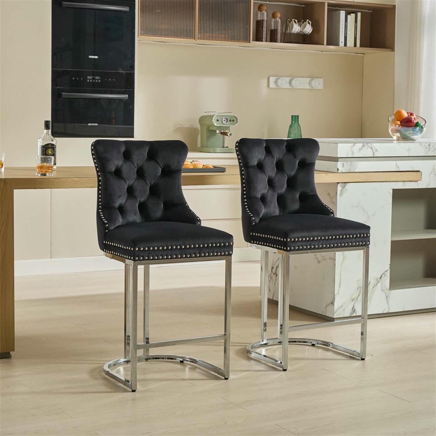 Demi Bonn 38" Counter Height Bar Stools Set of 2, Velvet Barstools with Button Back, Kitchen Island Countertop Chairs for Dining Room, Black