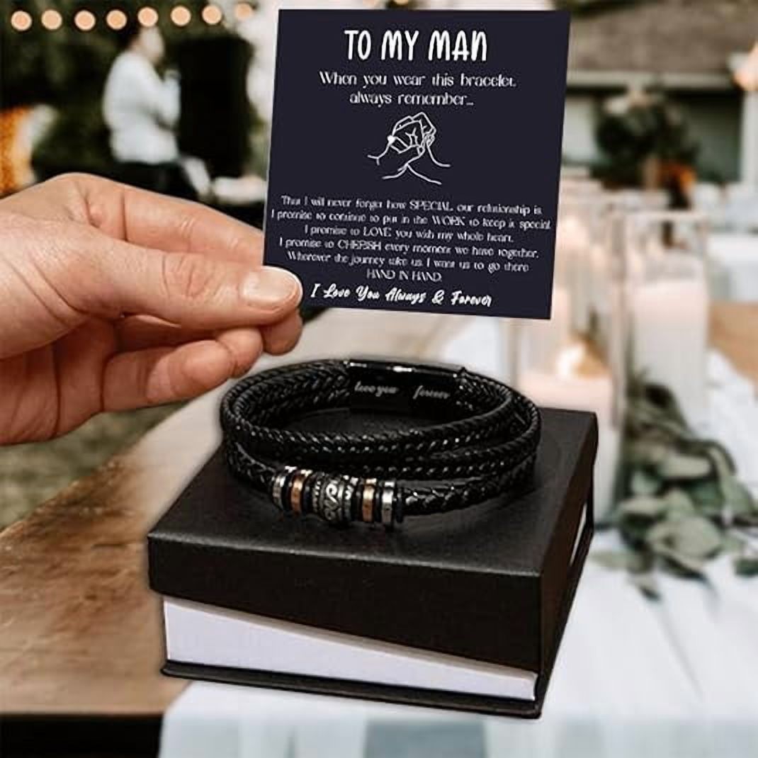 Braided Leather Bracelet Gift for Boyfriend from Girlfriend with Message Card and Gift Box, To My Men Bracelet, Anniversary Gift for Husband from Wife, Bracelets for Man