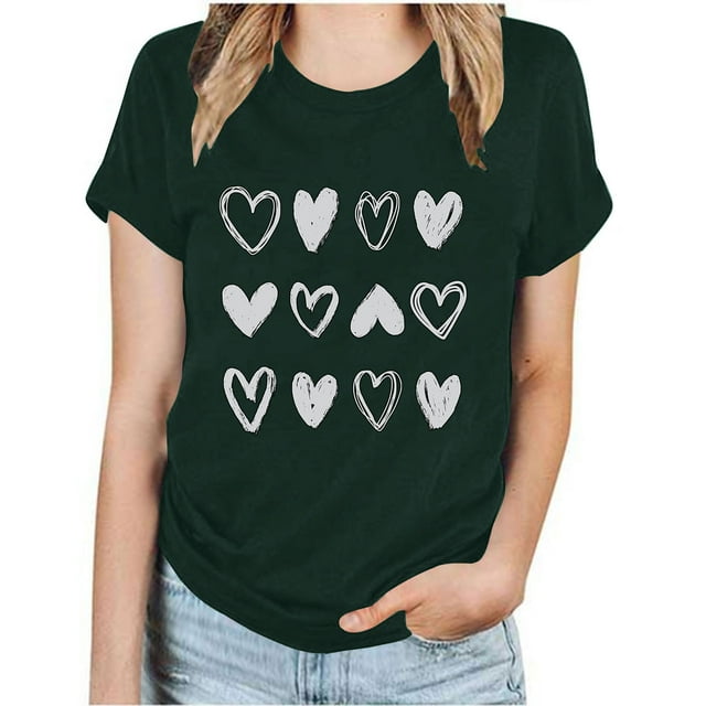 Meichang Valentines Day Chemises Femmes Manches Courtes Cœur Graphique T-Shirts Décontractés Coupe Ample Col Rond Blouses de Vacances