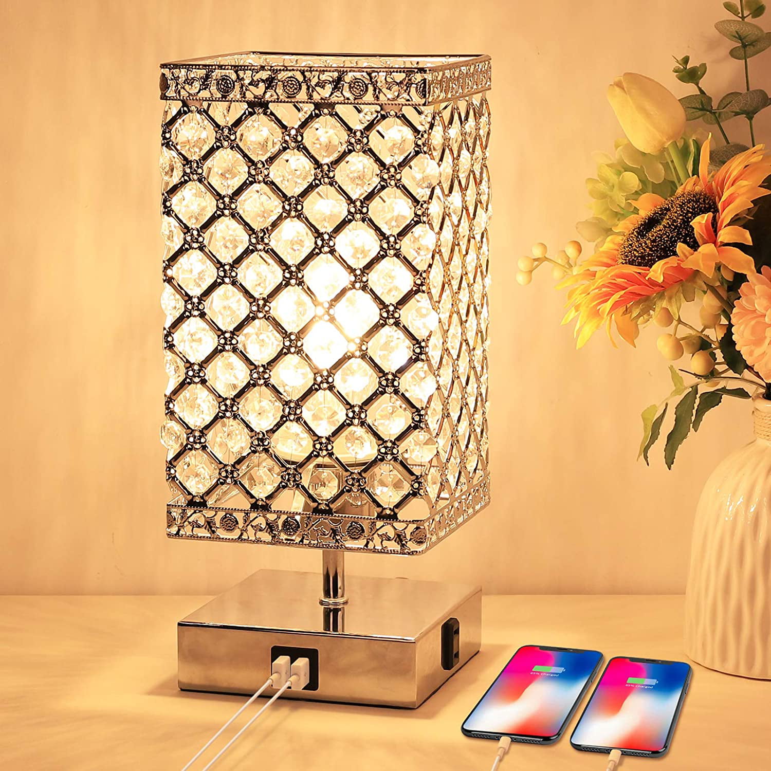 Dimmable Crystal Lamp Bedside Lamps, Touch Control Crystal Table Lamp With Usb Port