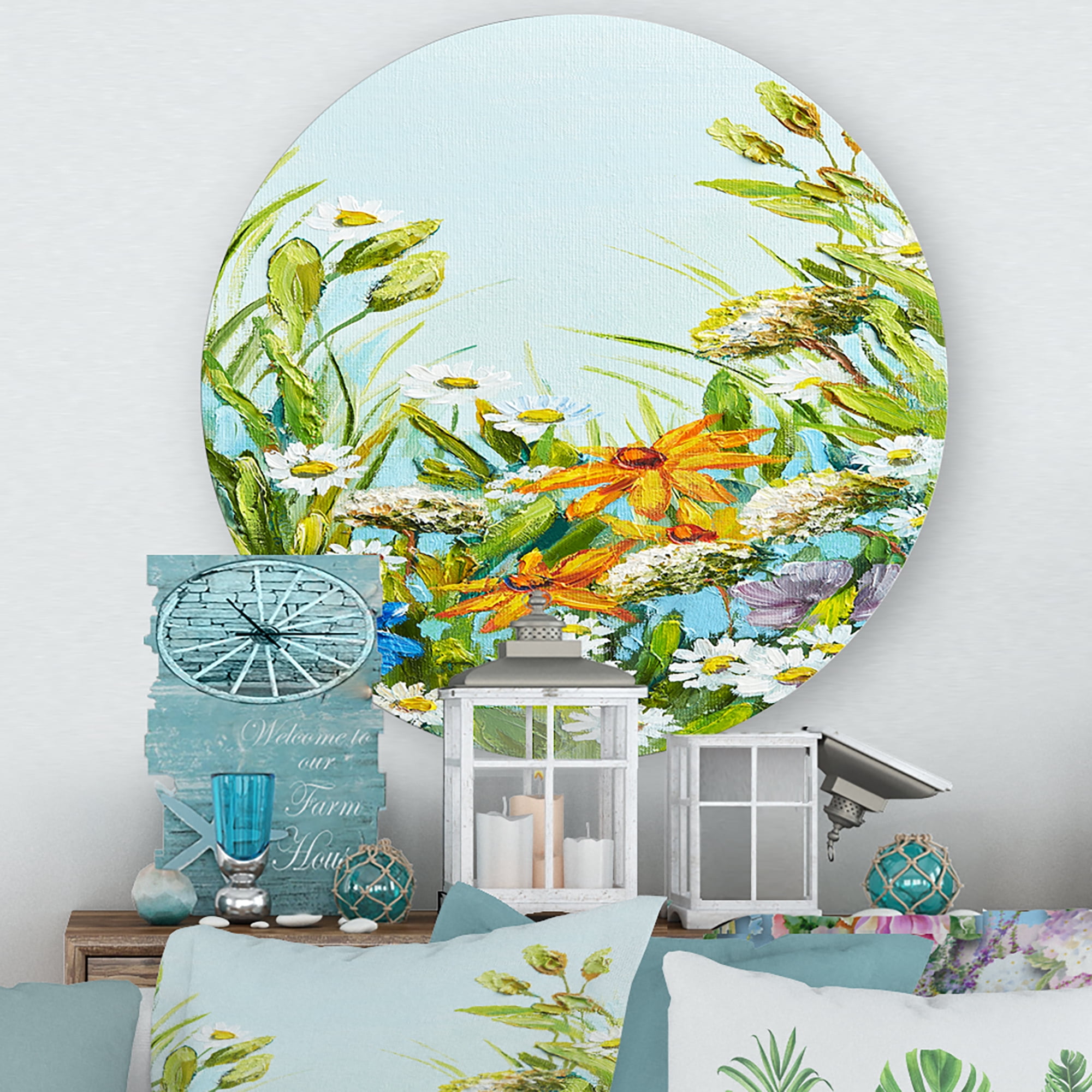 Designart 'Still Life Of Colorful Wildflowers With Leaves II' Traditional Circle Metal Wall Art 23x23 - Disc of 23