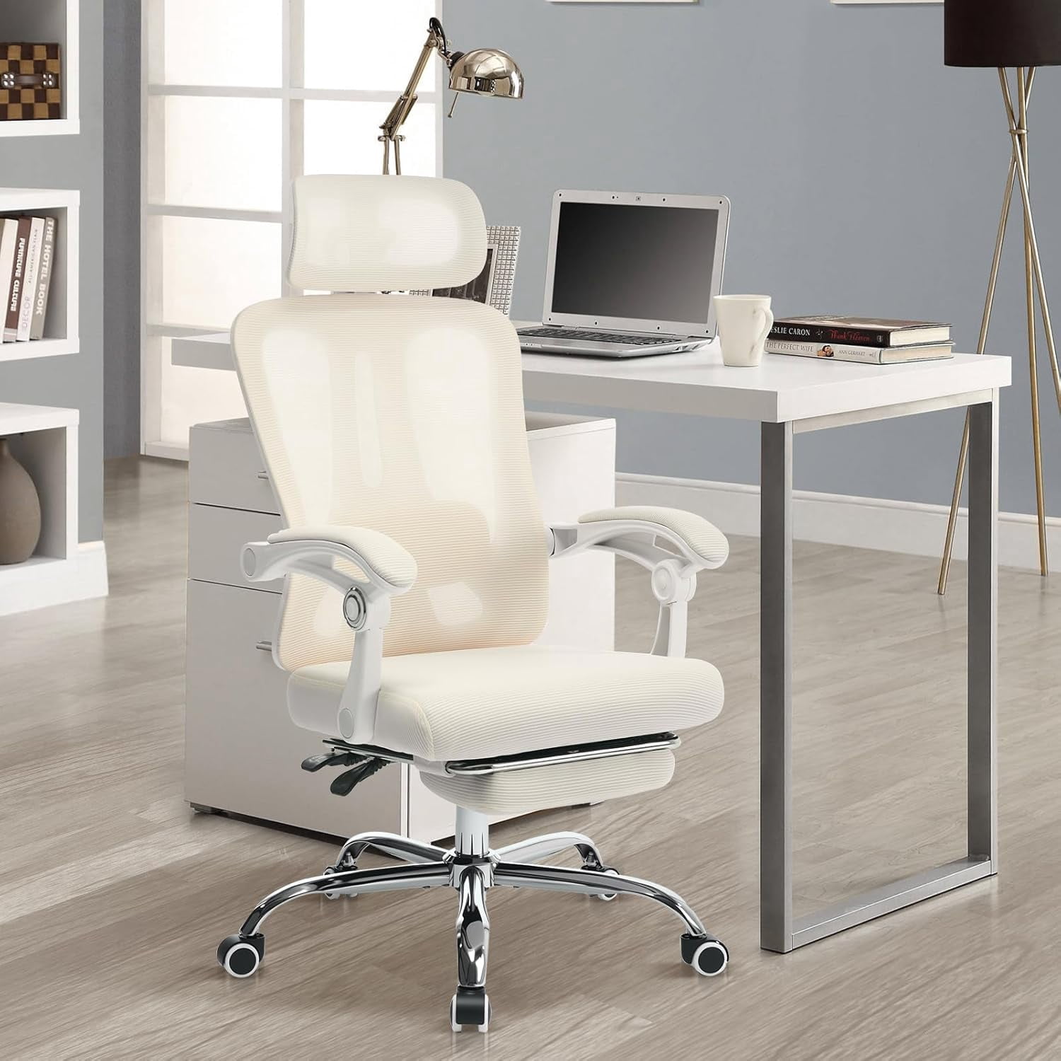 Ergonomic Office Chair with Footrest, High-Back Mesh Gaming Chair with Synchronized Reclining, 3D Adjustable Armrests & Lumbar Support, Swivel Computer Desk Chair for Home Office, Beige