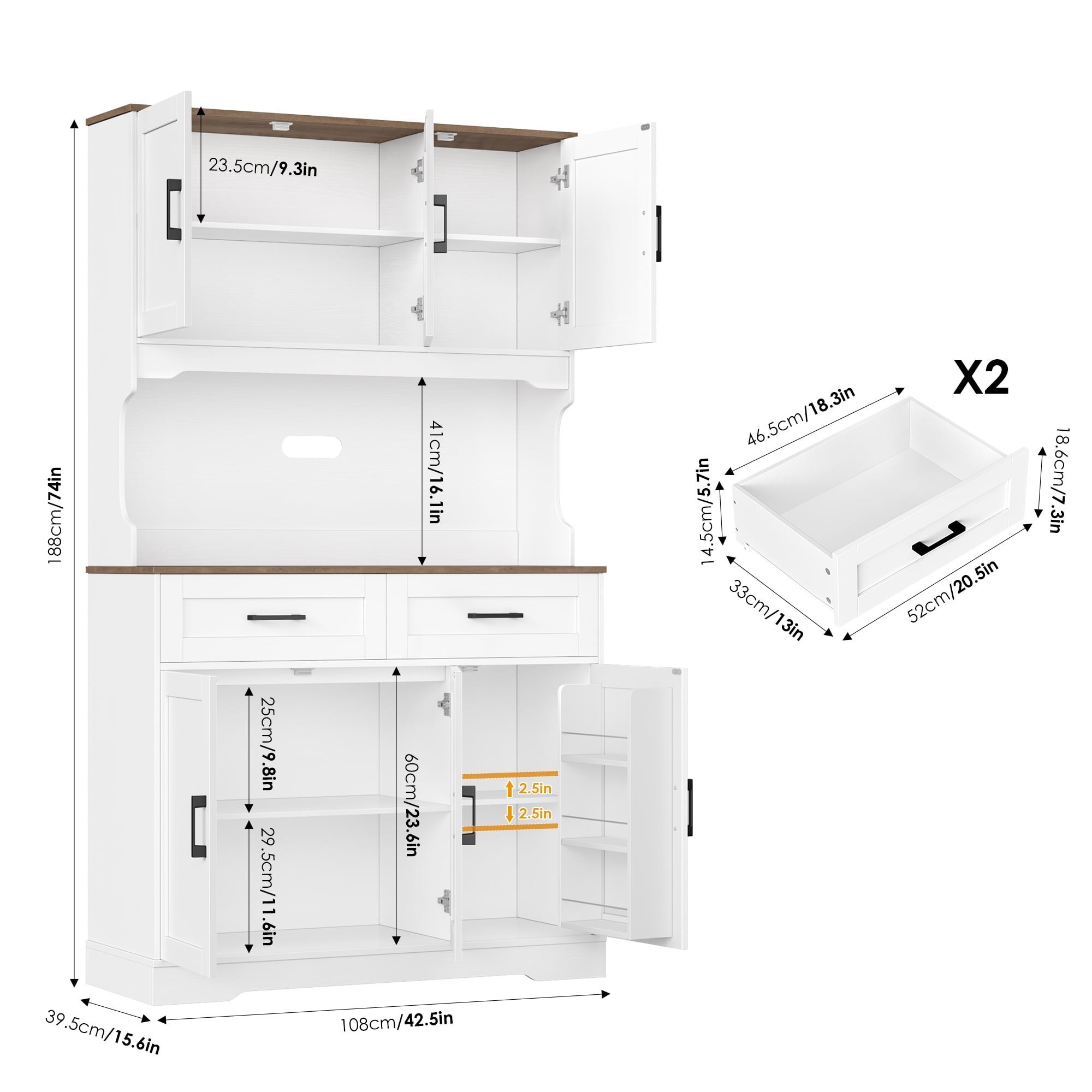 Homfa 74"H Pantry Cabinet with Hutch, Tall Kitchen Storage Cabinet with Microwave Stand and Drawers for Living Room, Dining Room, White