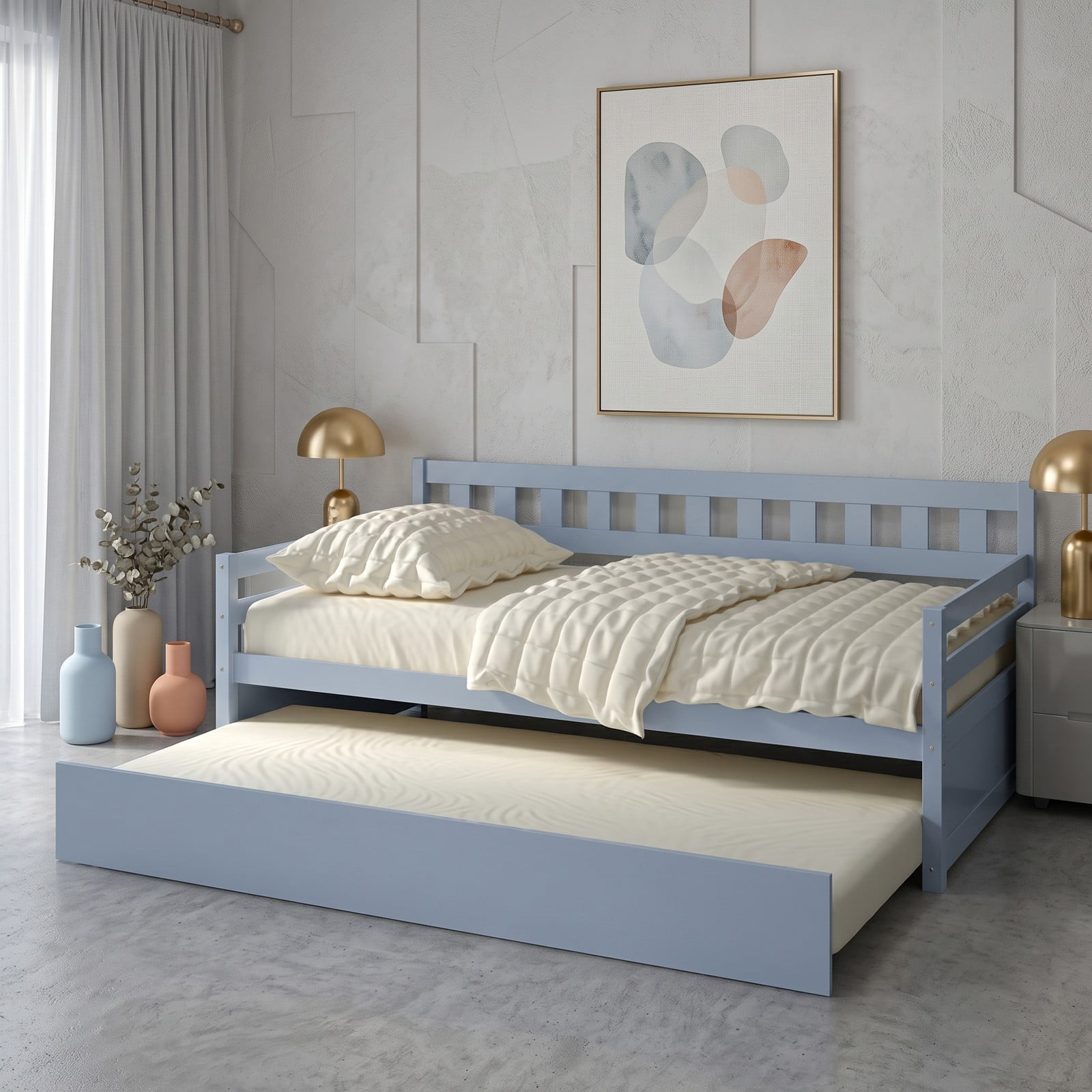 Furnibear Twin Trundle Daybed Frame with Pull Out Trundle and Wooden Slat Support and Side Rails for Bedroom and Guest Room, Gray