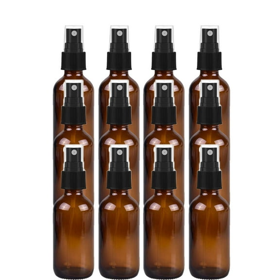 12 Amber 2oz Boston Round Glass Bottle Black Spray Fine Ribbed Mist Sprayer
