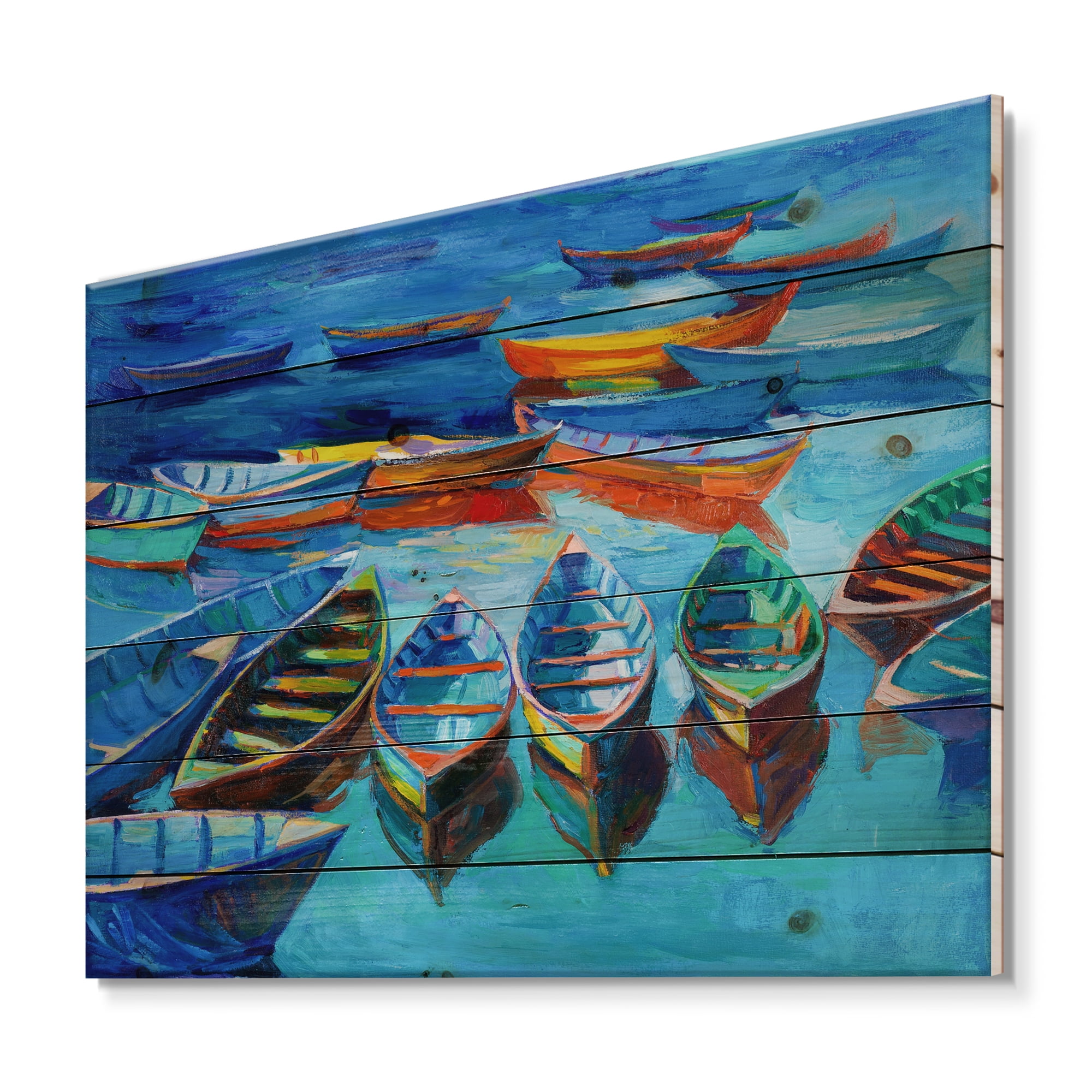 Designart 'Little Boats Wating In The Blue Harbour' Nautical & Coastal Print on Natural Pine Wood