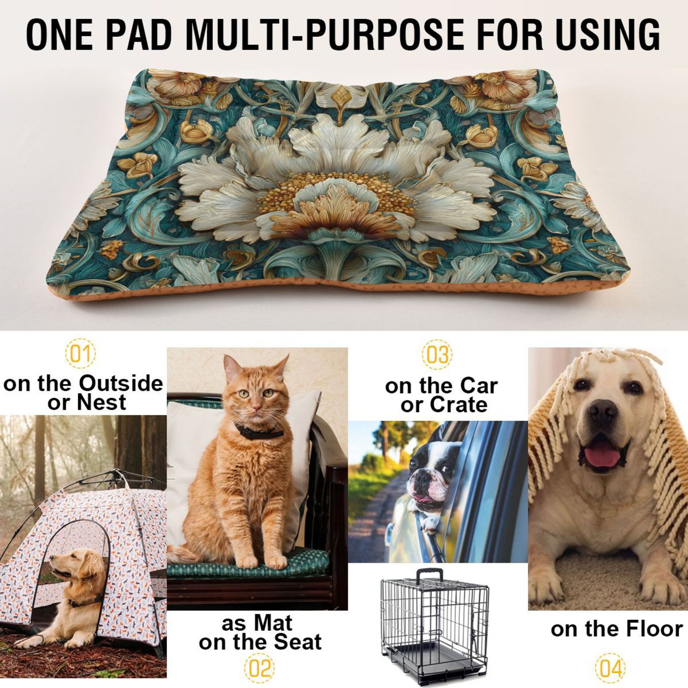 Cozy Mat Pet Bed Indoor Outdoor Warm Soft For Cat Dog Puppy(S/M) Teal Blue and Beige