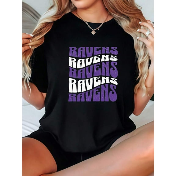 Women's T-Shirt Casual Loose Fit Black With RAVENS Text Graphic Print  Fashion Top For Daily Wear Camisetas Para Mujer Playeras