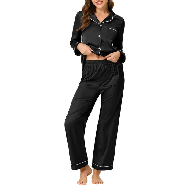 Conjuntos de pijama de satén para mujeres Inspire Chic para el Día de la Madre, camisetas de manga larga y pantalones, 2 piezas, ropa de casa, S, negro