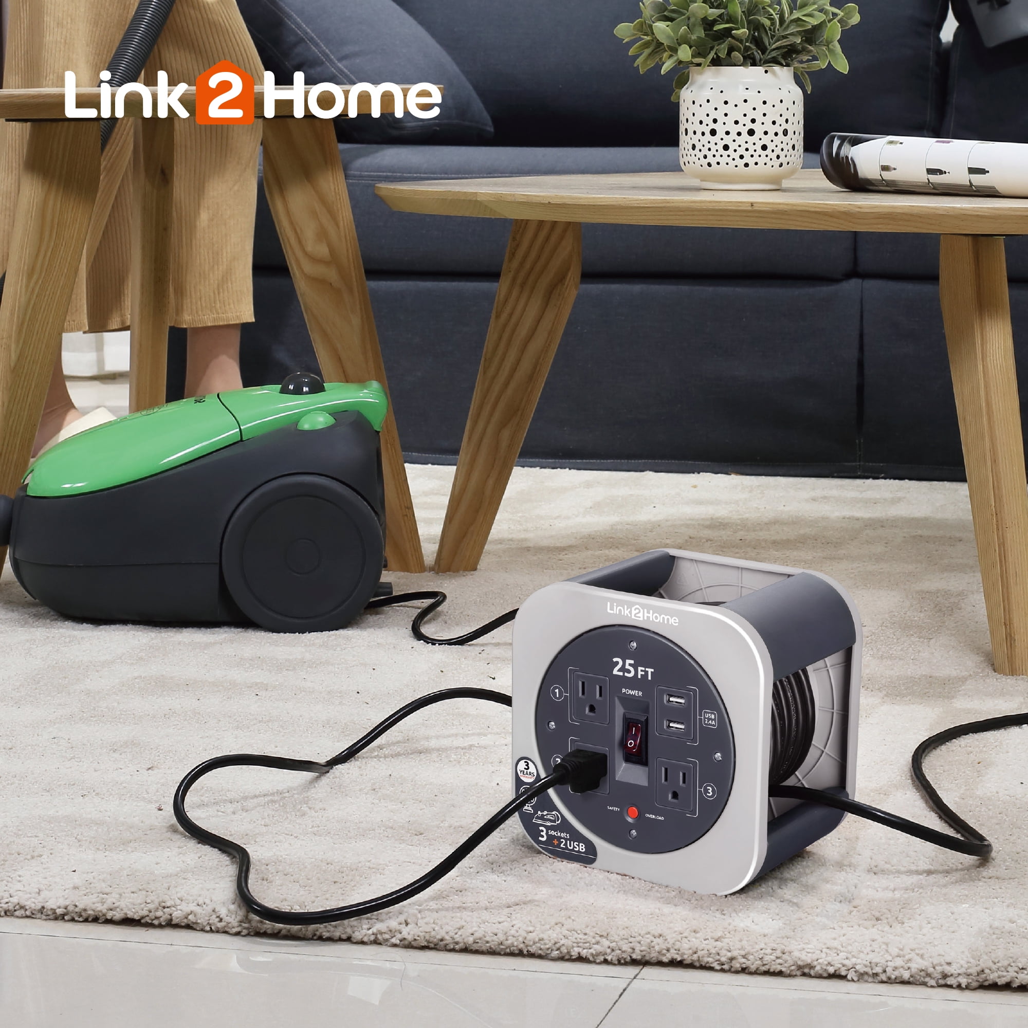 Link2Home 25 Ft. 16/3 Extension Cord Storage Reel With 3 Grounded Outlets 2  USB for sale online