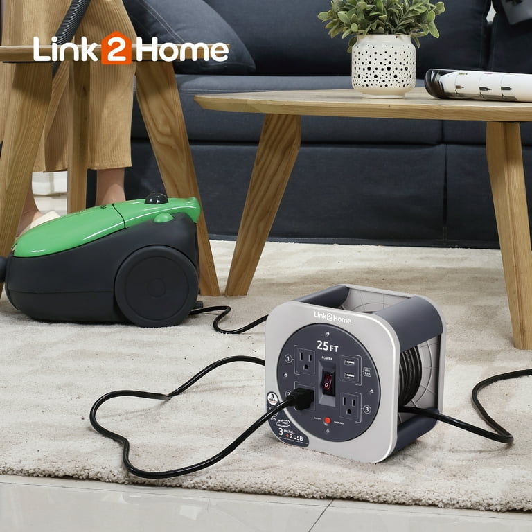 Link2Home Cord Reel 25 ft. Extension Cord 3 Power Outlets, 2 USB Ports,  2.4A Fast Charge – 16 AWG SJT Cable.