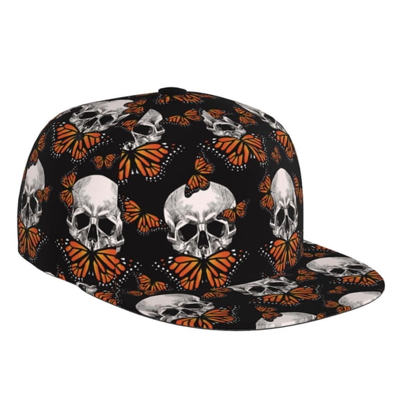 Flat Bill Trucker Hats for Women Men - Butterfly skull Adjustable Flat Baseball Cap Snapback Hats Dad Hats for Men