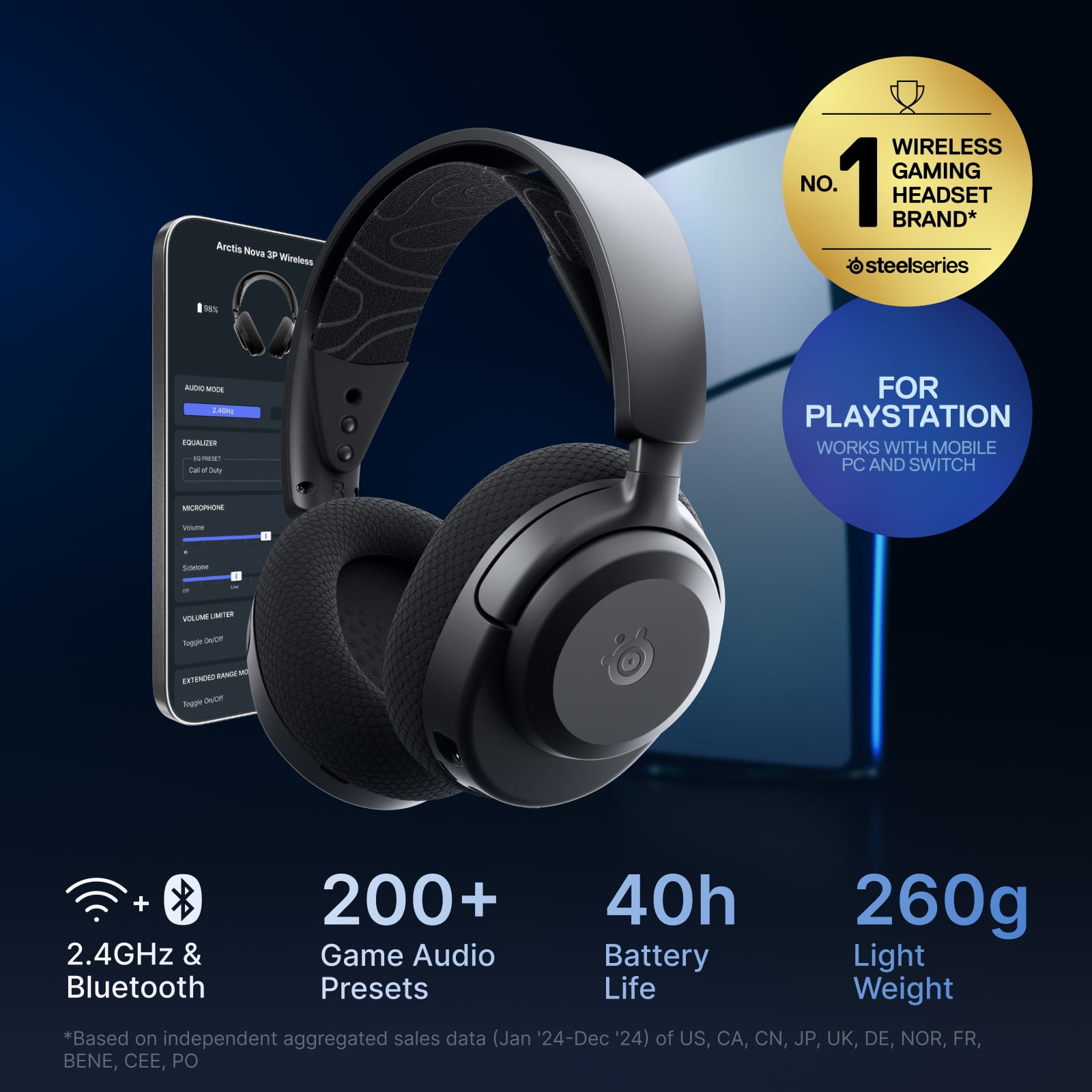 SteelSeries Arctis Nova 3P Wireless Multi-Platform Gaming Headset — Mobile App Control — 40 HR Battery — 2.4GHz/Bluetooth — PS5, PS4, PC, Switch, Mobile — Black