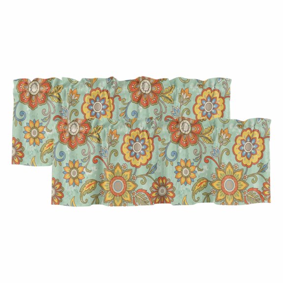 Teal Green Boho Floral Curtain Valances for Windows, Kitchen Valance Window Treatments Panel 2 Pack, Vintage Abstract Art Ethnic Flowers Rod Pocket Short Curtains for Bathroom Bedroom 60 x 18 Inch