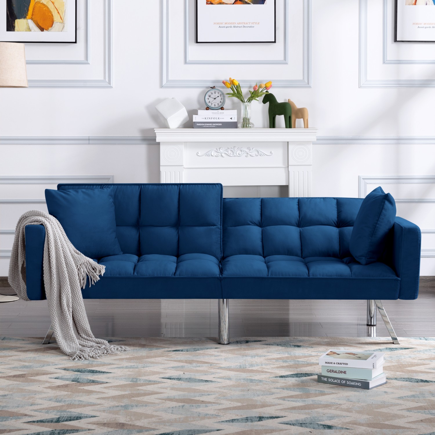 Gewnee 74"Velvet Upholstered Modern Convertible Futon, Adjustable Folding Sofa Bed, Guest Bed for Living Room, Bedroom, Apartment (Navy Blue)