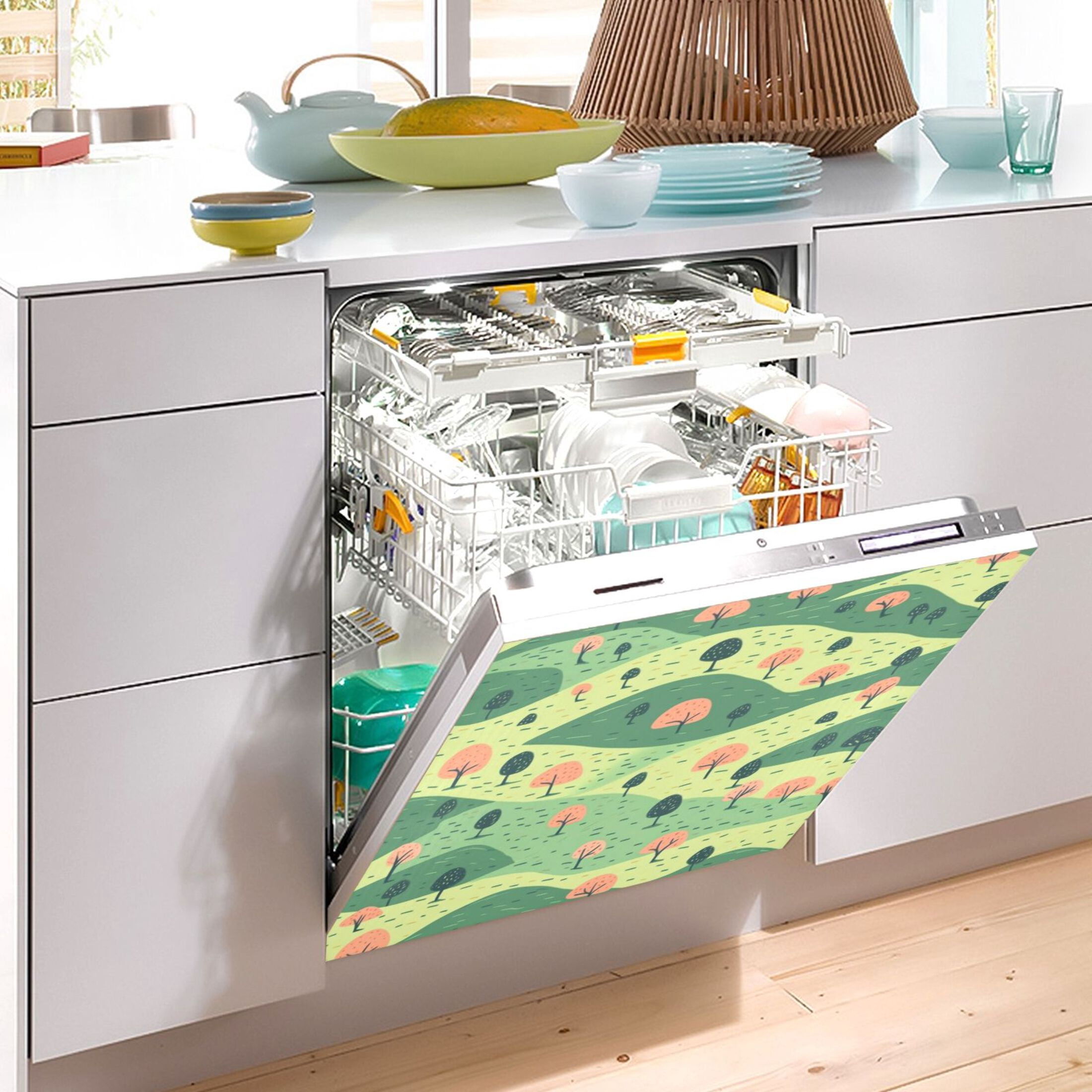 Dishwasher Magnetic Sticker 23x26 Inch Refrigerator Magnetic Sticker Washing Machine Magnetic Sticker Kitchen Panel Magnetic Sticker Home Decor Green Cartoon Hill
