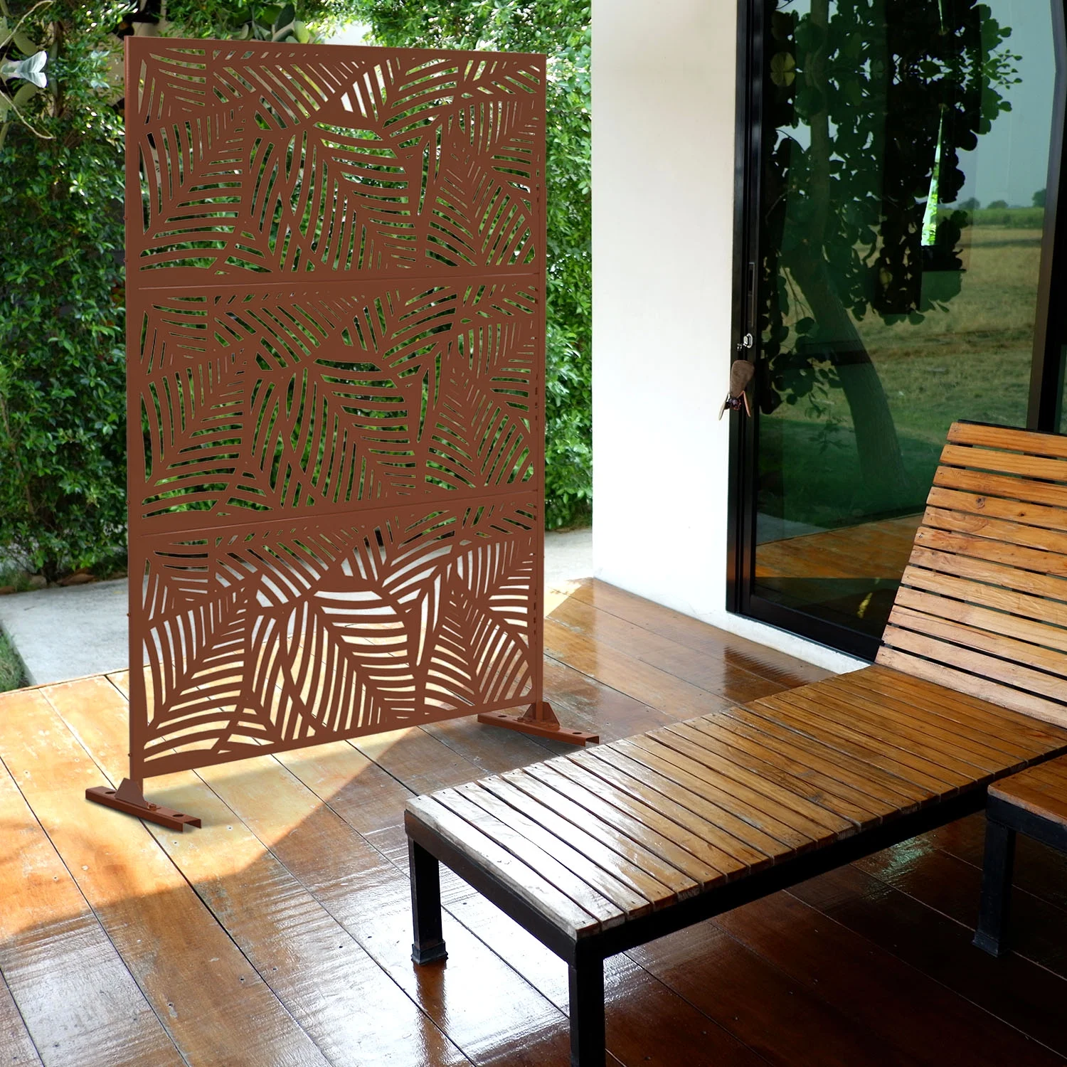 MAYEERTY 72*47" Outdoor Brown Metal Freestanding Privacy Panel Screen for Patio, Leaf Hollow - Out Pattern