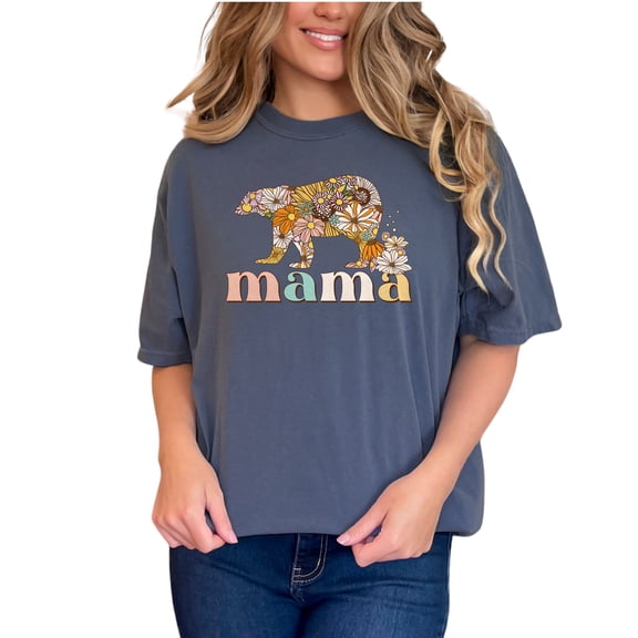 Mama & Retro Bear & Flowers Art, Denim Comfort Colors T-Shirt, Small