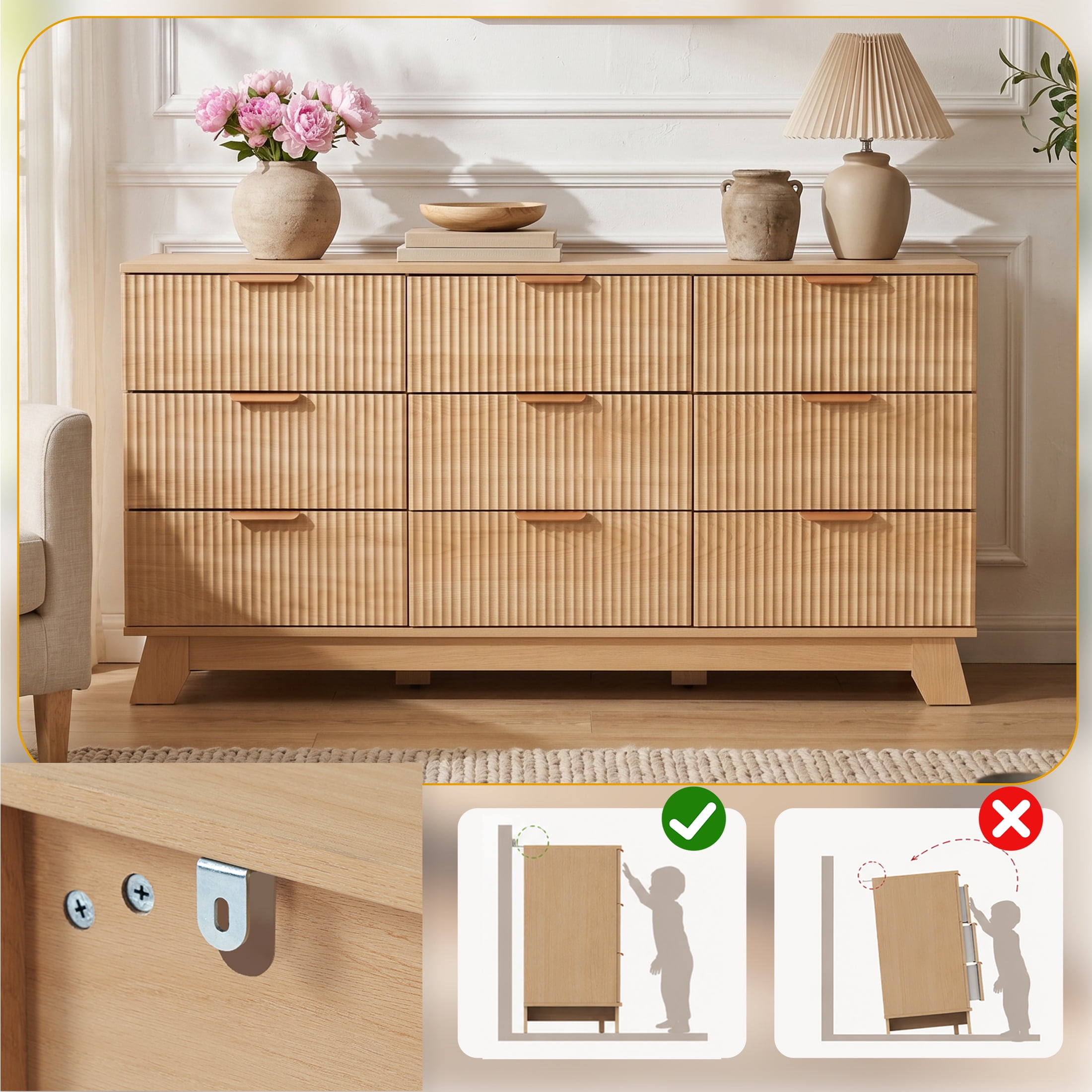 Gianna Fluted Dresser, 9 Drawer Dresser, Modern Wooden Chest of Drawers with Heightened Legs for Bedroom, Natural Wood