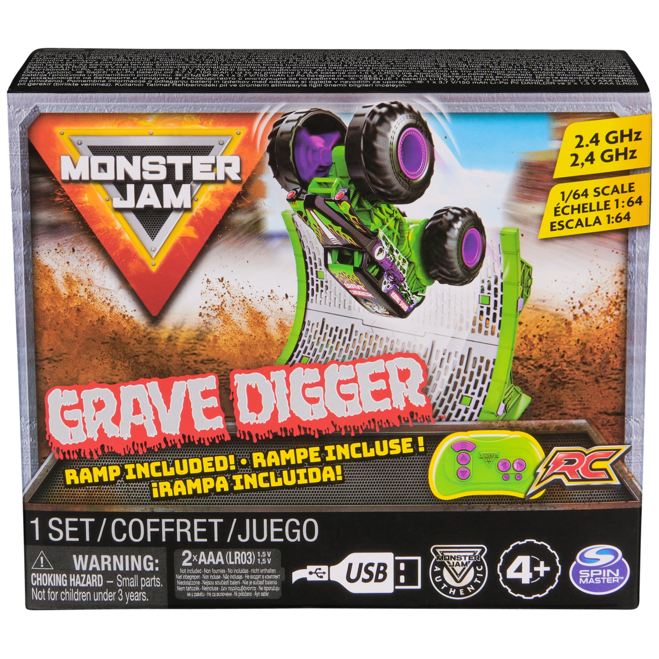 Monster Jam, Official Grave Digger Remote Control Monster Truck with Ramp, Small 1:64 Scale RC Cars (图2)