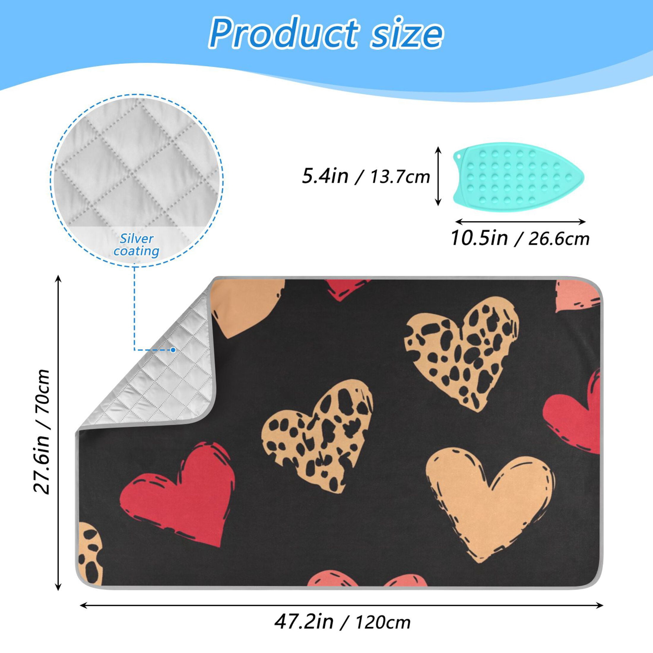 Valentine Colorful Hearts Leapard Printed Ironing Mat Blanket Portable Travel Ironing Pad Heat Resistant Pad 47.2" x 27.6”