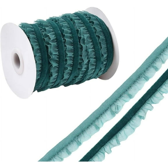 20 Yards Dark Green Ruffle Ribbon Trim Organza Ruffled Edge Ribbon Velvet Chiffon Lace Gathered Pleated Edging Trimming for Sewing Making Craft Gift Wrapping Wedding Christmas Decor Supply 1roll