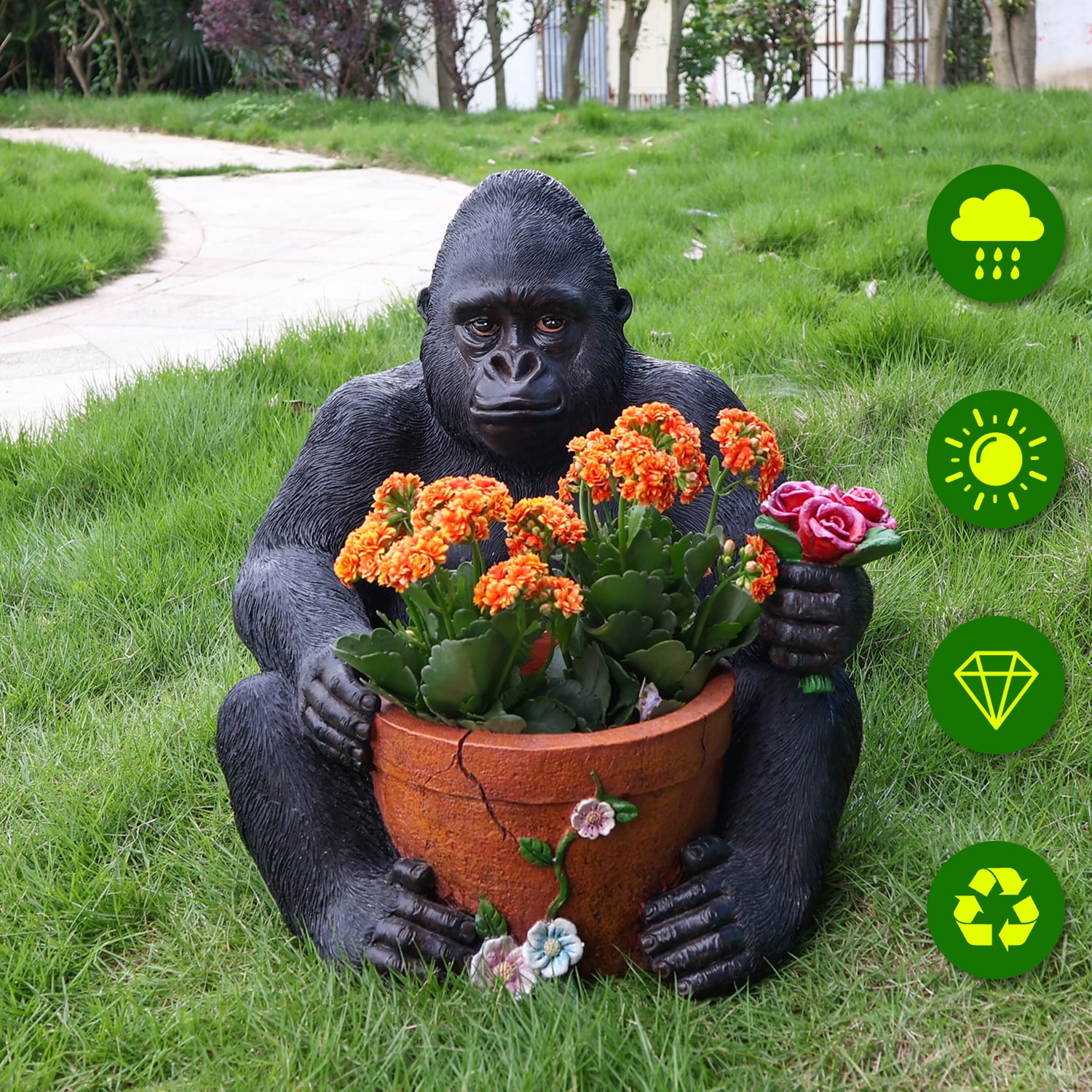 Aukfa Outdoor Gorilla Garden Statue with Planter, Resin Monkey Planter Sculpture with Flower Detail for Yard, Lawn, Patio, Porch Decor, Weather-Resistant Garden Ornament