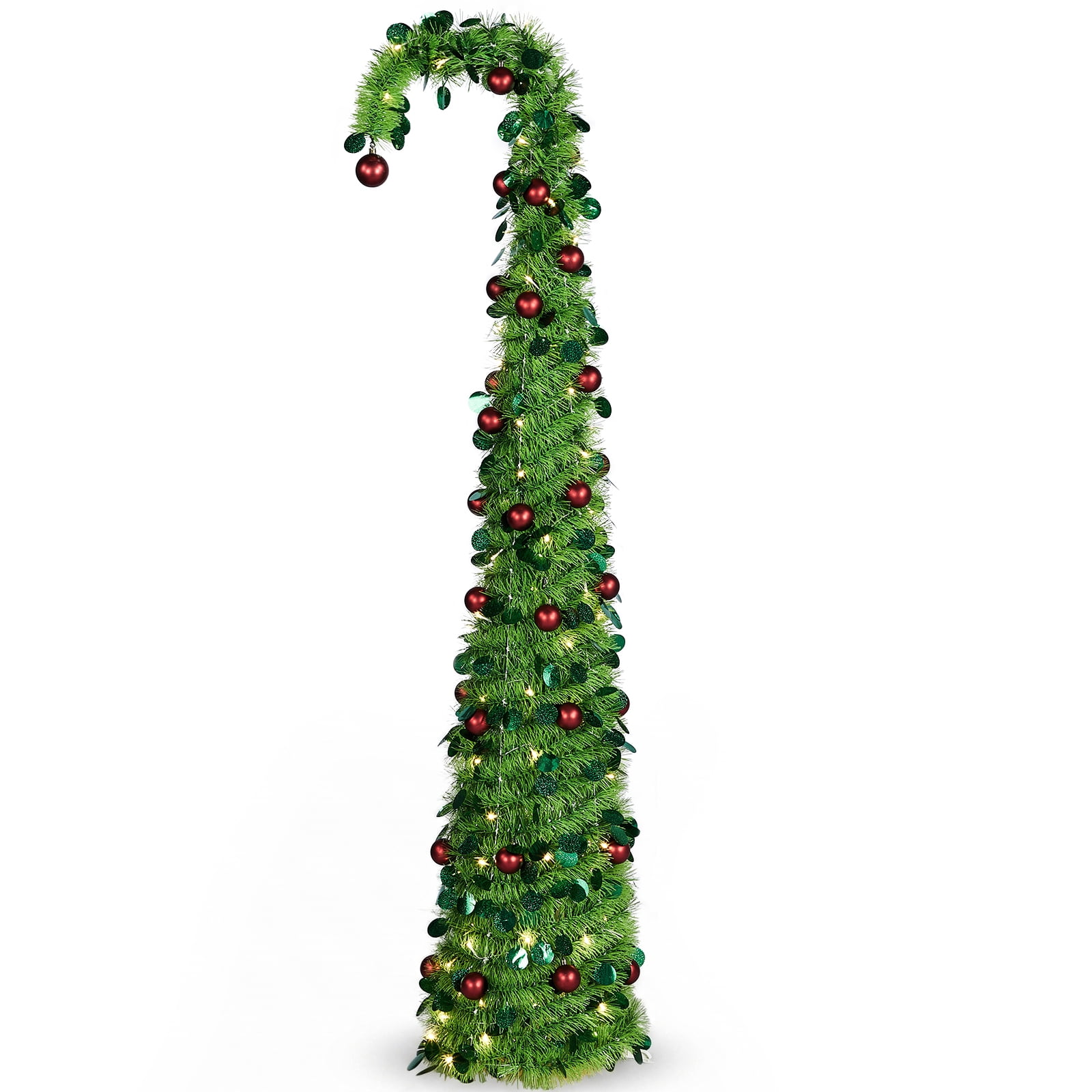 Astoutdoor 6 ft Green Bent-Top Telescopic Christmas Tree with Red Ball Ornaments, 100 Warm White LED Lights, 8 Modes, Battery Operated, PVC Pop-Up Holiday Tree