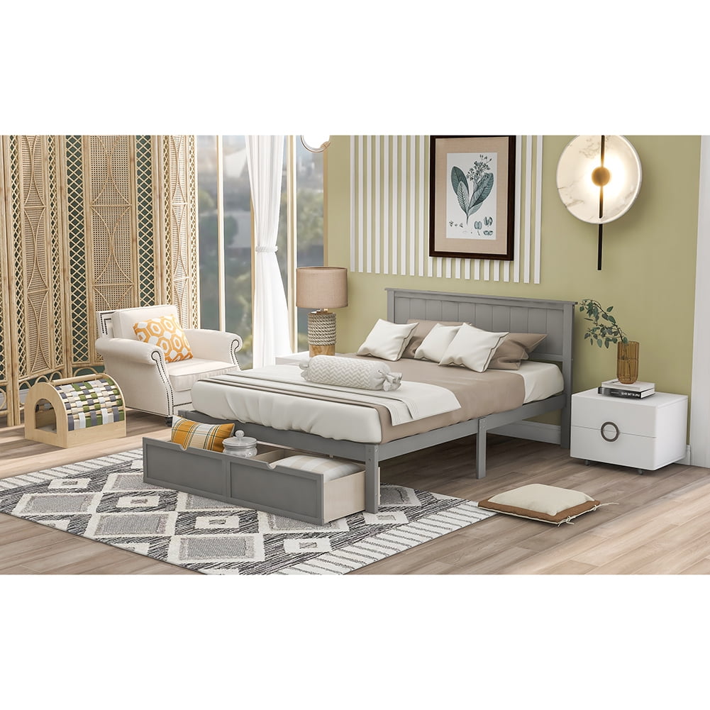 Lowestbest Wooden Full Szie Platform Bed Frame with Storage Drawer and Headboard, Gray Lowestbest Wooden Full Szie Platform Bed Frame with Storage Drawer and Headboard, Gray