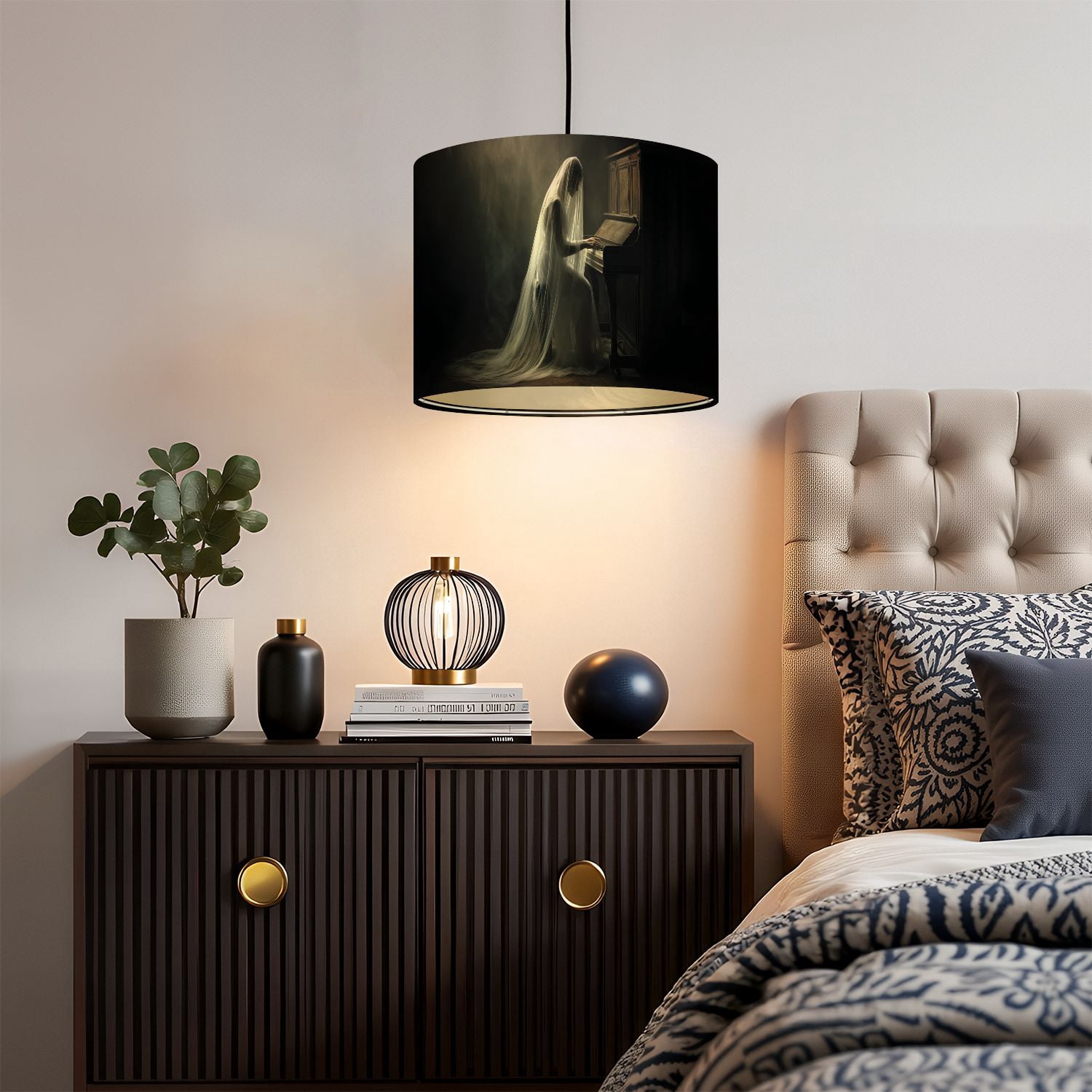 Gothic Linen Drum Lampshades Ethereal Ghostly Woman Piano Dark Gothic Atmosphere 13"x13"x10" Light Shade for Table Lamps Floor Lamp Shades Lampshade Replacement Assembly Required
