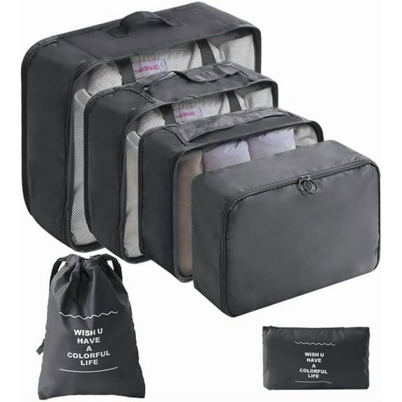 6 Set Packing Cubes for Travel, Luggage Organizers with Shoe & Toiletry Bags, Lightweight Suitcase Organizer for Carry-On, Washable Laundry Bags(Black)