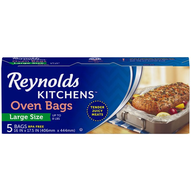 bolsa para horno reynolds kitchens, paquete de 5 – caja azul con el logo Reynolds Kitchens y texto 'Oven Bags Large Size'; frontal muestra una bandeja de horno con carne asada dentro de una bolsa transparente, ideal para hornear y conservar jugos; a menudo también se usa para cocinar aves y cortes grandes en el horno.