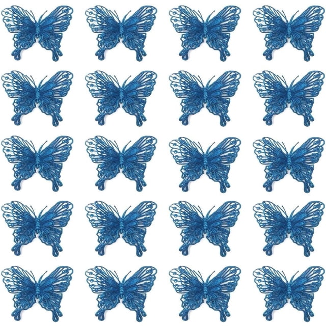 20 piezas de adornos navideños con mariposas brillantes, adornos colgantes para árbol de Navidad con mariposas brillantes en 3D, decoración de mariposas artificiales huecas con clips y tallos para cor