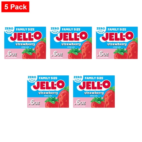 Jell-O Strawberry Zero Sugar Low Calorie Gelatin Dessert Mix, Family Size, Box 0.6 oz - 5 Pack