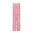 thumbnail image 3 of Casual Linen Sets for Women Summer 2 Piece Outfits Solid Sleeveless Crop Tops Seamless Elastic Waist Wide Leg Capris Pants Two Piece Matching Sets, 3 of 9